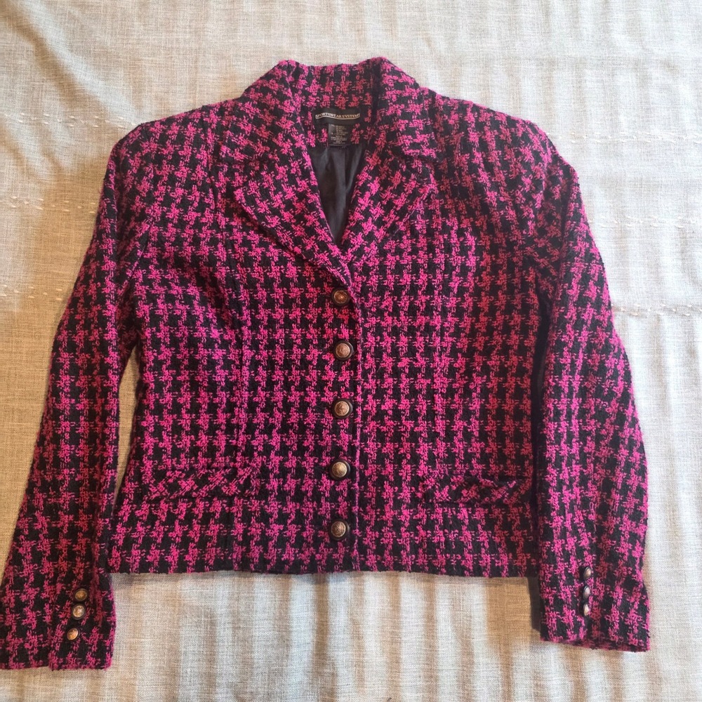 Sportswear Systems Pink Black Houndstooth Tweed Academia Blazr Wool Blend Size 4